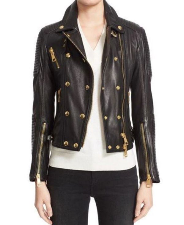 Women's FJ514 Motorcycle Double Breasted Padded Black Leather Jacket