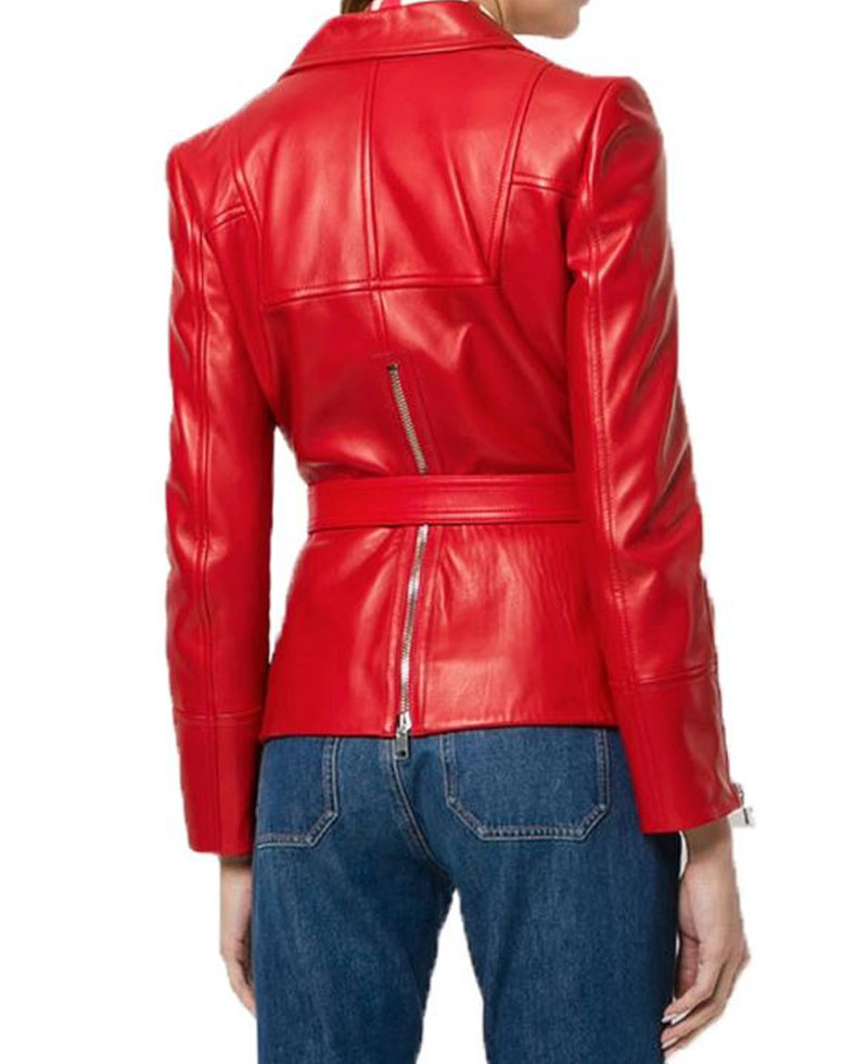 Women's FJ548 Belted Blazer Style Red Leather Biker Jacket Women's FJ548 Belted Blazer Style Red Leather Biker Jacket - Image 4