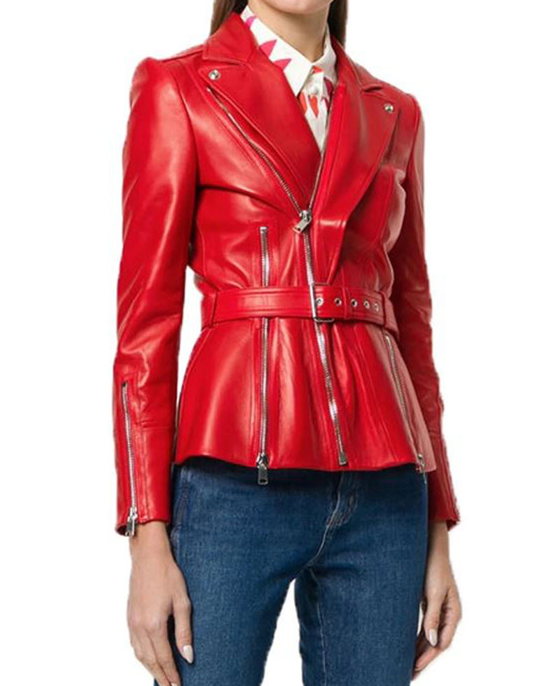 Women's FJ548 Belted Blazer Style Red Leather Biker Jacket Women's FJ548 Belted Blazer Style Red Leather Biker Jacket - Image 3