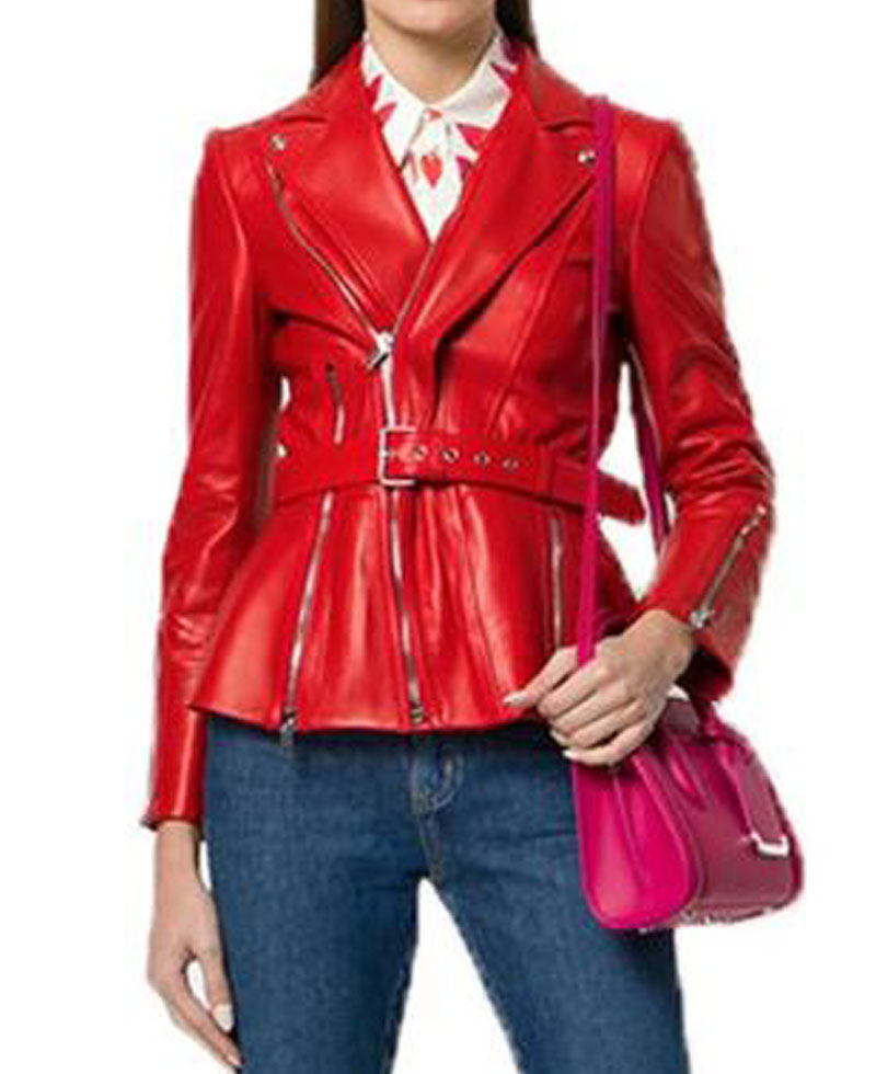 Women's FJ548 Belted Blazer Style Red Leather Biker Jacket Women's FJ548 Belted Blazer Style Red Leather Biker Jacket - Image 2