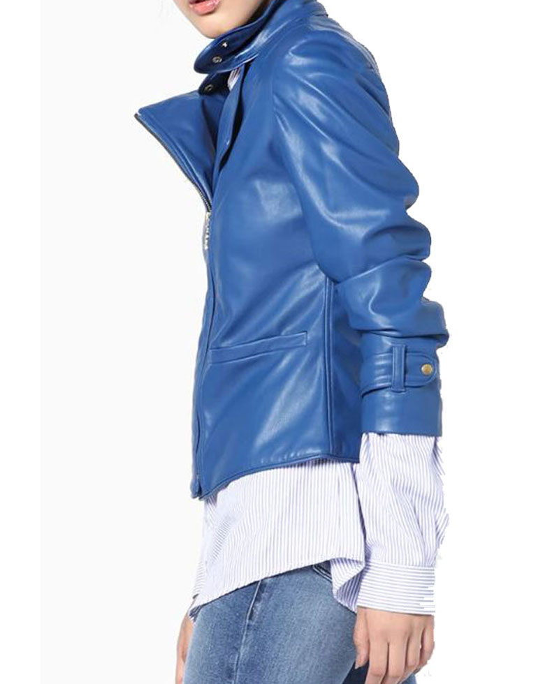 Women's FJ577 Motorcycle Quilted Asymmetrical Blue Leather Jacket Women's FJ577 Motorcycle Quilted Asymmetrical Blue Leather Jacket - Image 3