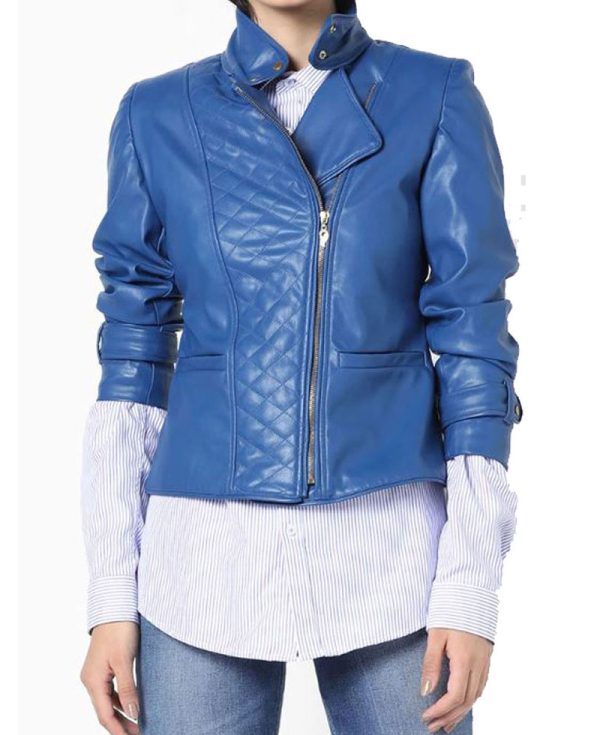 Women's FJ577 Motorcycle Quilted Asymmetrical Blue Leather Jacket