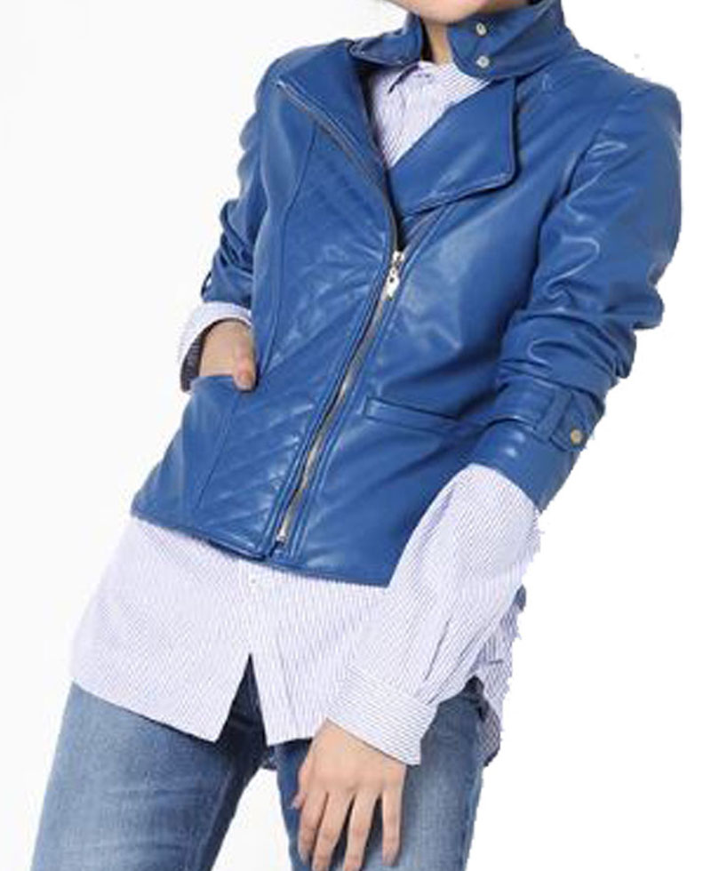 Women's FJ577 Motorcycle Quilted Asymmetrical Blue Leather Jacket Women's FJ577 Motorcycle Quilted Asymmetrical Blue Leather Jacket - Image 2