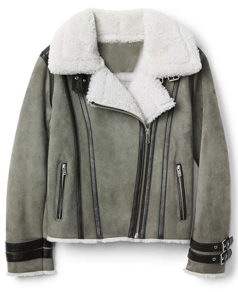 Women's Grey Suede Motorcycle Shearling Jacket Women's Grey Suede Motorcycle Shearling Jacket - Image 3