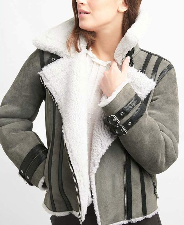 Women's Grey Suede Motorcycle Shearling Jacket