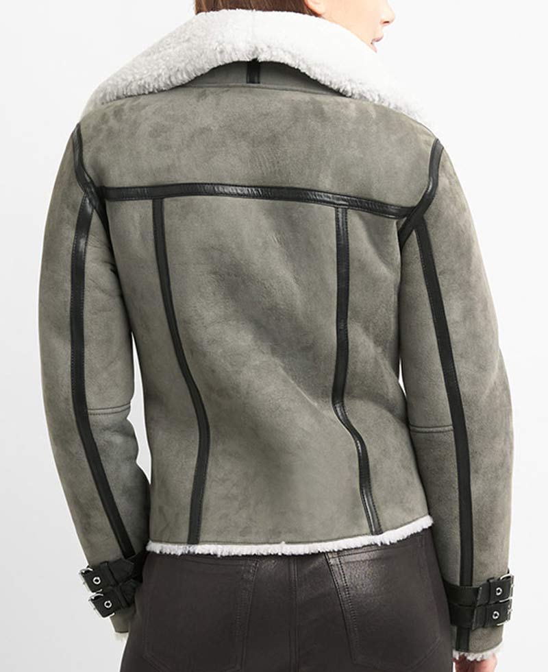 Women's Grey Suede Motorcycle Shearling Jacket Women's Grey Suede Motorcycle Shearling Jacket - Image 2