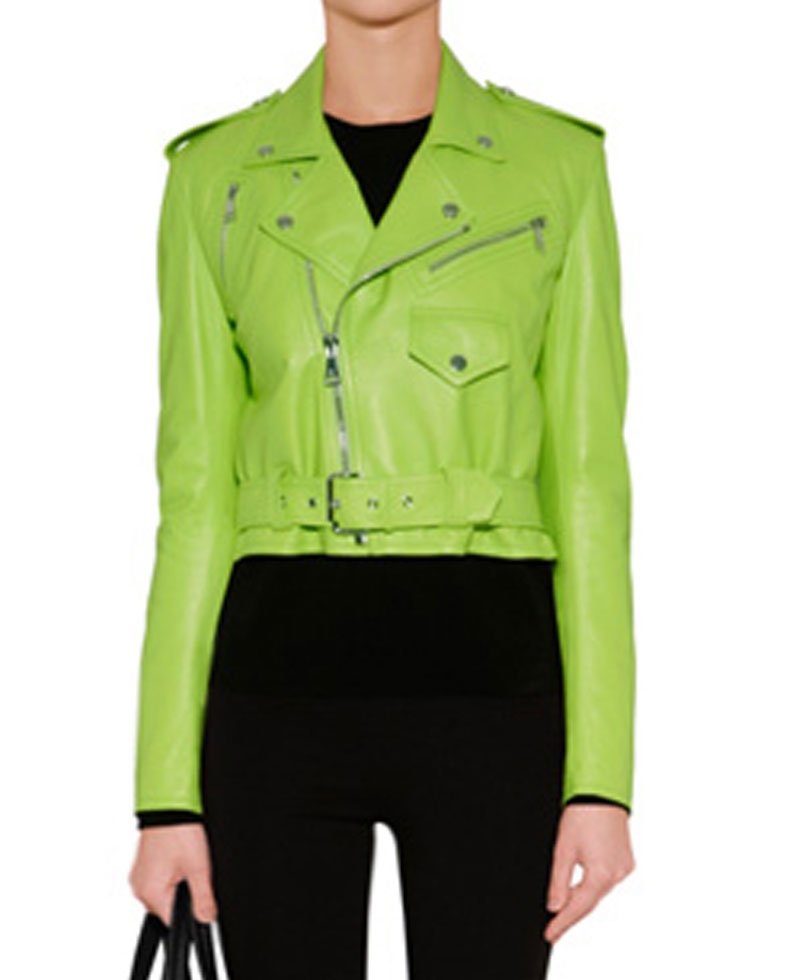 Women's Lime Green and Pink Leather Belted Motorcycle Jacket womens lime green leather jacket