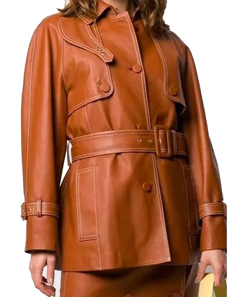 Women’s Belted Mid-Length Leather Brown Coat Women’s Belted Mid-Length Leather Brown Coat - Image 3