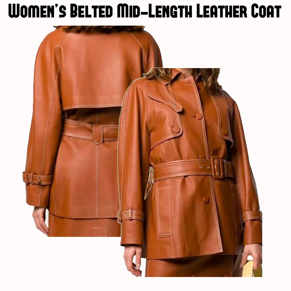 Women’s Belted Mid-Length Leather Brown Coat Women’s Belted Mid-Length Leather Brown Coat - Image 4
