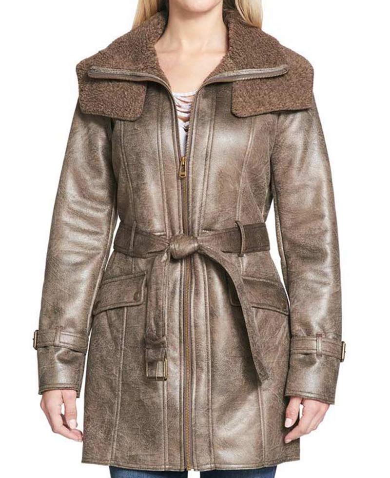 Women's Mid Length Duster Shearling Leather Coat Women's Mid Length Duster Shearling Leather Coat - Image 2