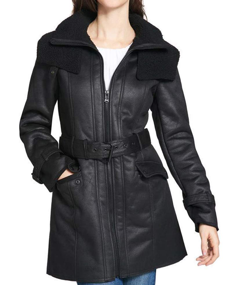 Women's Mid Length Duster Shearling Leather Coat Women's Mid Length Duster Shearling Leather Coat - Image 6