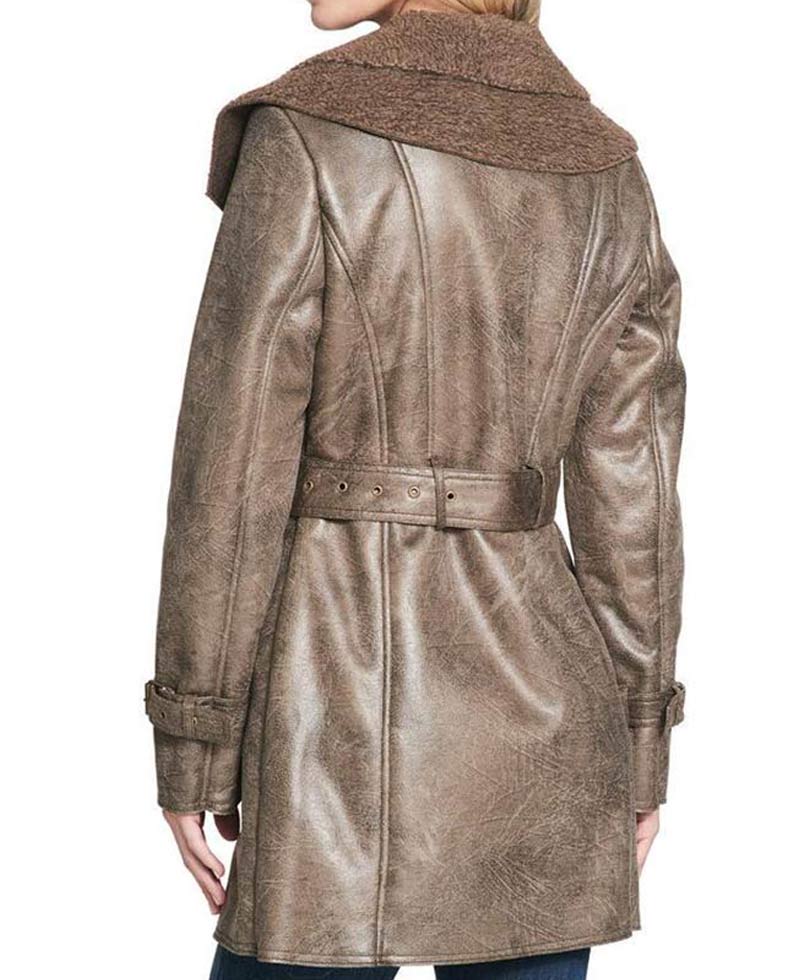 Women's Mid Length Duster Shearling Leather Coat Women's Mid Length Duster Shearling Leather Coat - Image 4