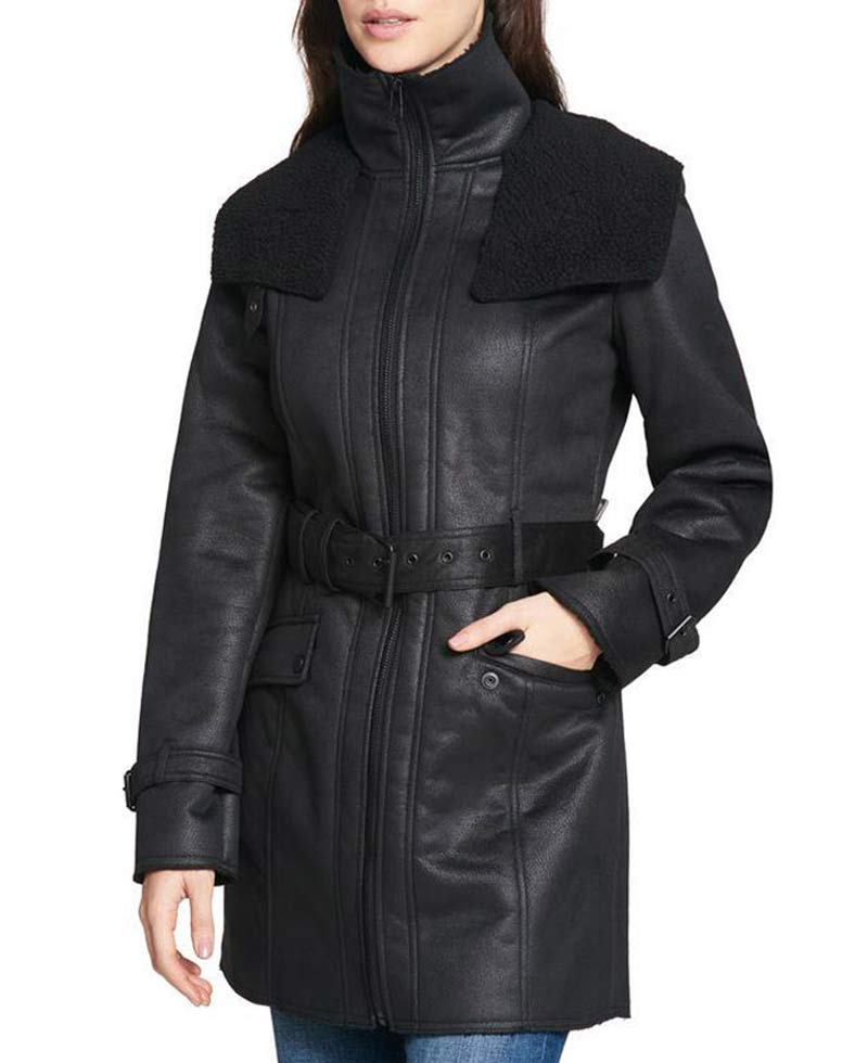 Women's Mid Length Duster Shearling Leather Coat Women's Mid Length Duster Shearling Leather Coat - Image 5