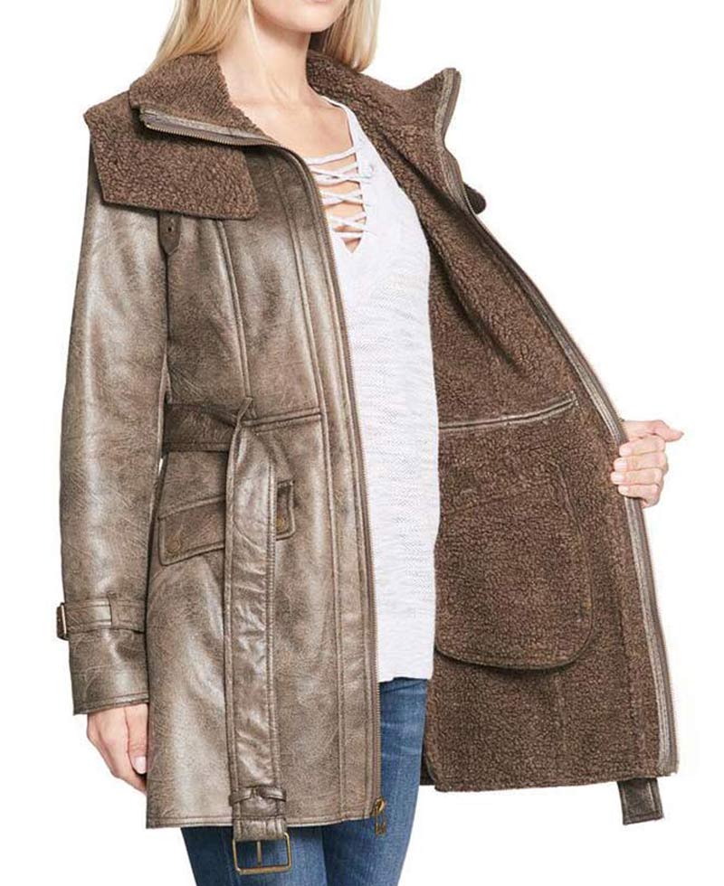 Women's Mid Length Duster Shearling Leather Coat Women's Mid Length Duster Shearling Leather Coat - Image 3
