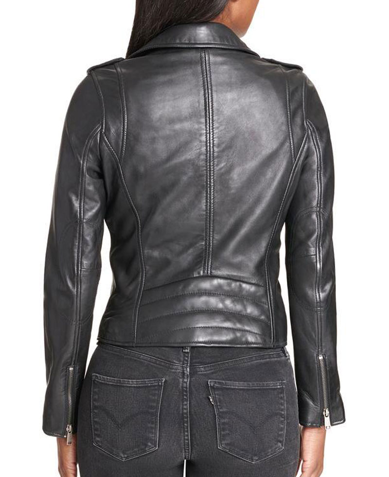 Women's Motorcycle Snap Details Asymmetrical Black Leather Jacket Women's Motorcycle Snap Details Asymmetrical Black Leather Jacket - Image 4