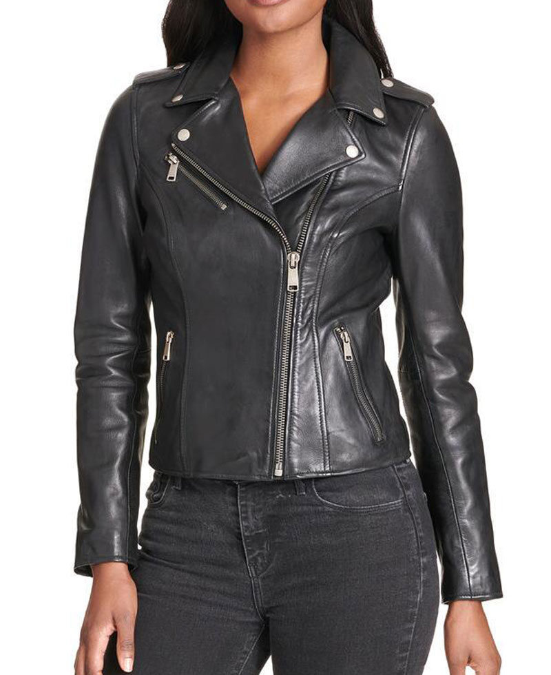 Women's Motorcycle Snap Details Asymmetrical Black Leather Jacket Women's Motorcycle Snap Details Asymmetrical Black Leather Jacket