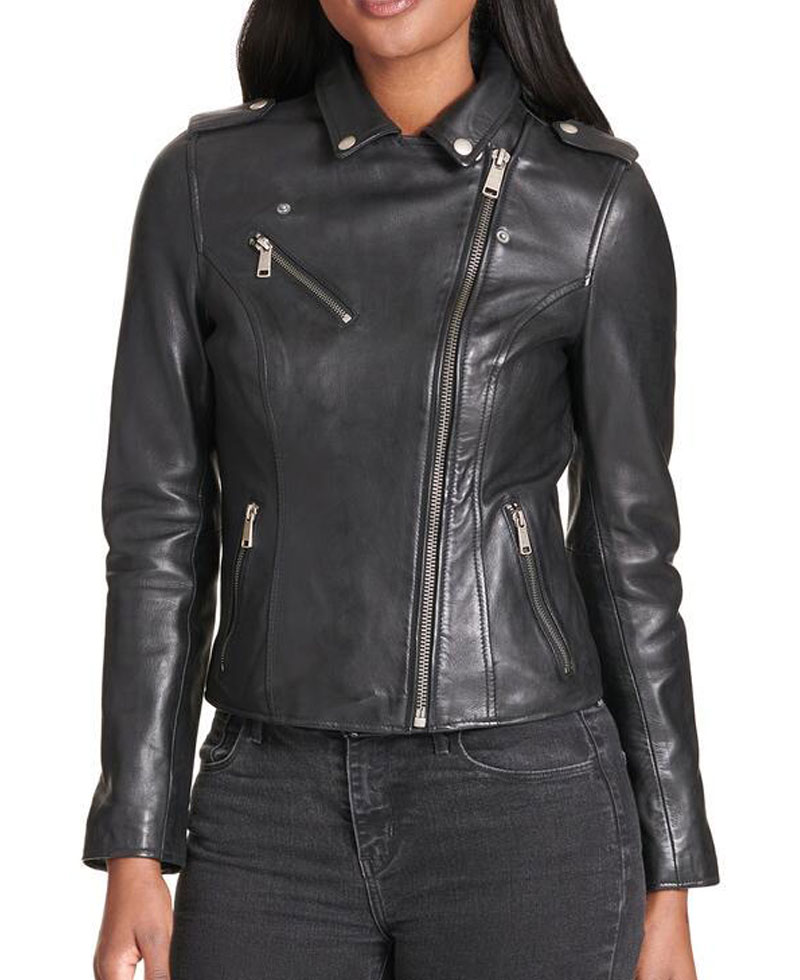 Women's Motorcycle Snap Details Asymmetrical Black Leather Jacket Women's Motorcycle Snap Details Asymmetrical Black Leather Jacket - Image 2