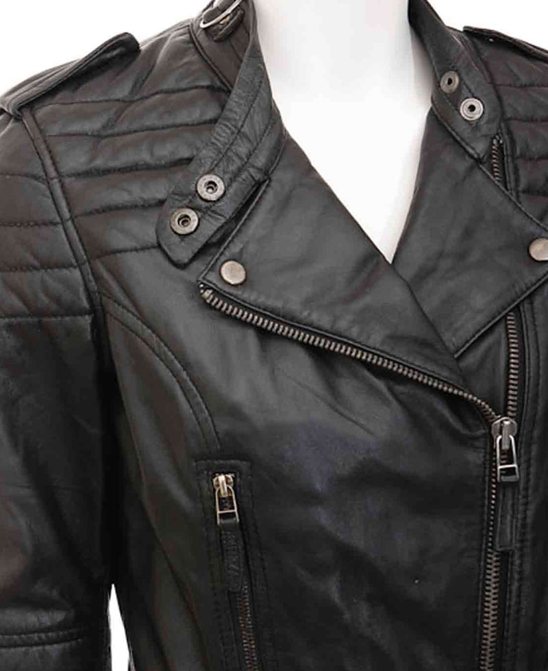 Women's Asymmetrical Zipper Padded Design Leather Jacket Women's Asymmetrical Zipper Padded Design Leather Jacket - Image 3