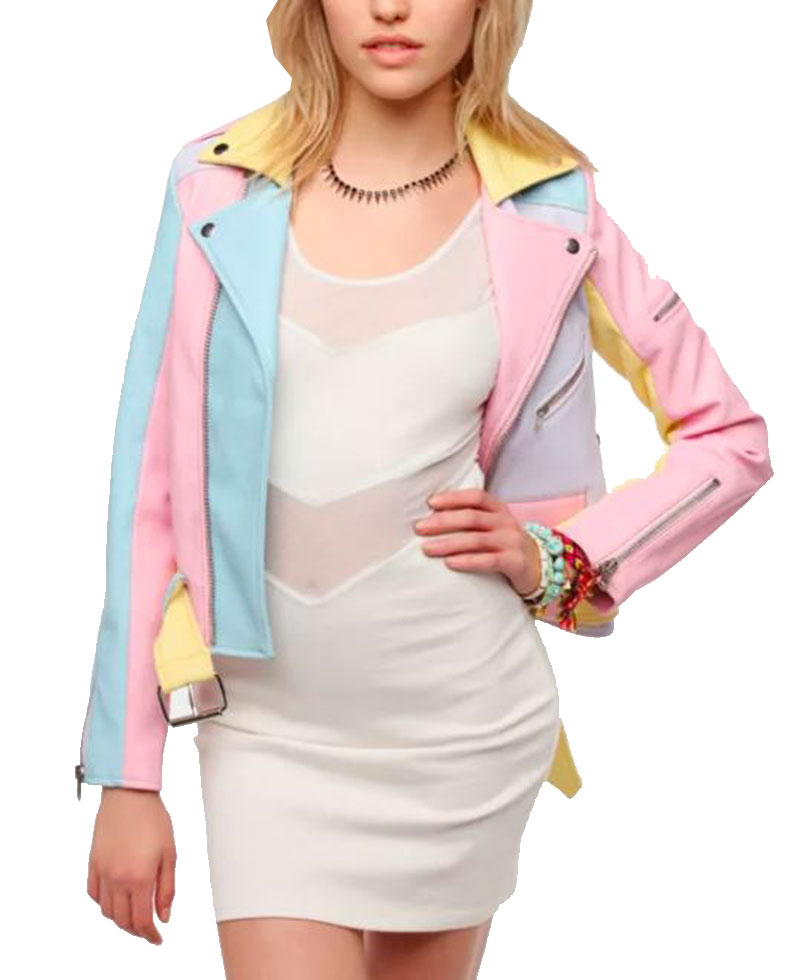 Women's Biker Rainbow Pastel Faux Leather Jacket Women's Biker Rainbow Pastel Faux Leather Jacket - Image 4