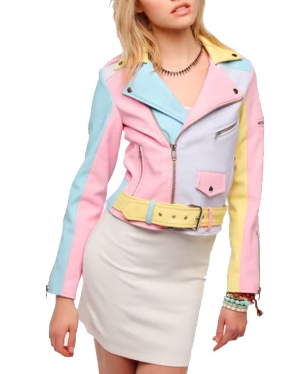 Women's Biker Rainbow Pastel Faux Leather Jacket