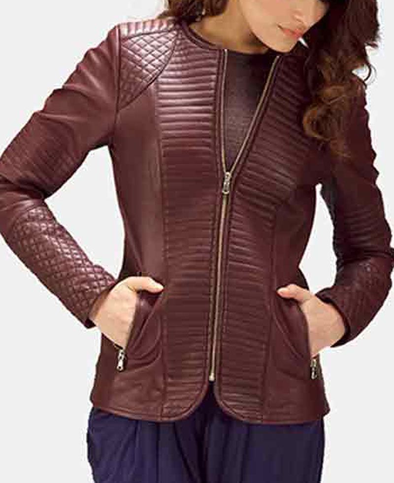 Women's Quilted Burgundy Leather Jacket Women's Quilted Burgundy Leather Jacket - Image 3