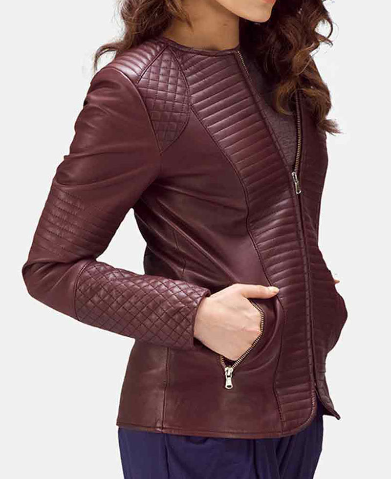 Women's Quilted Burgundy Leather Jacket Women's Quilted Burgundy Leather Jacket - Image 2