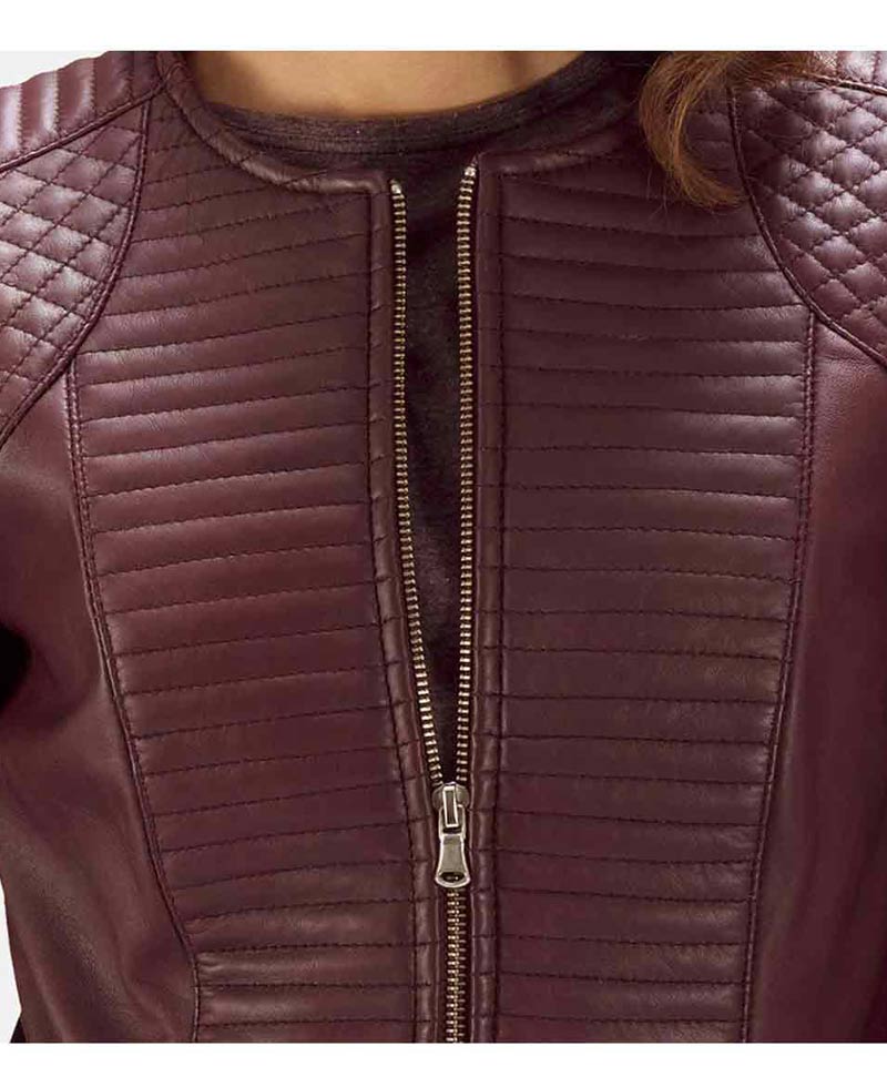 Women's Quilted Burgundy Leather Jacket Women's Quilted Burgundy Leather Jacket - Image 4