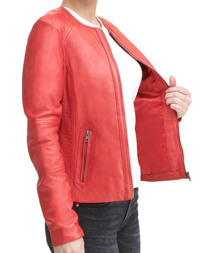 Women's Round Neck Red Leather Jacket Women's Round Neck Red Leather Jacket - Image 5