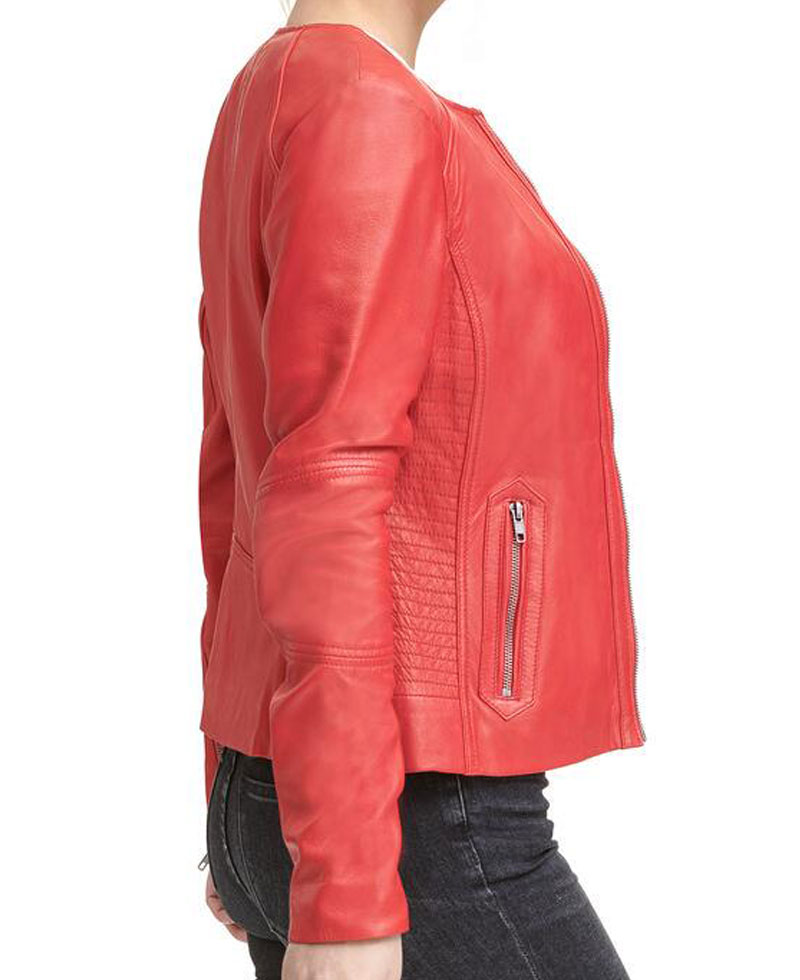 Women's Round Neck Red Leather Jacket Women's Round Neck Red Leather Jacket - Image 4