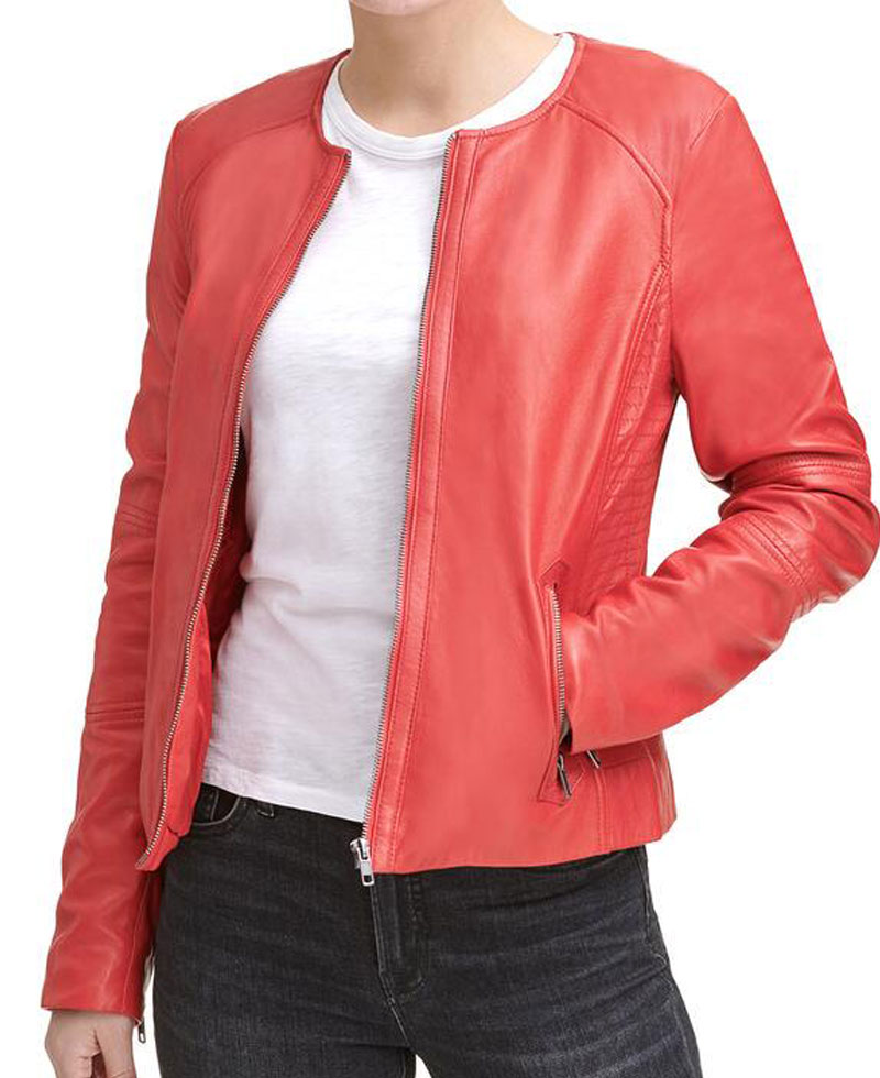 Women's Round Neck Red Leather Jacket Women's Round Neck Red Leather Jacket - Image 3