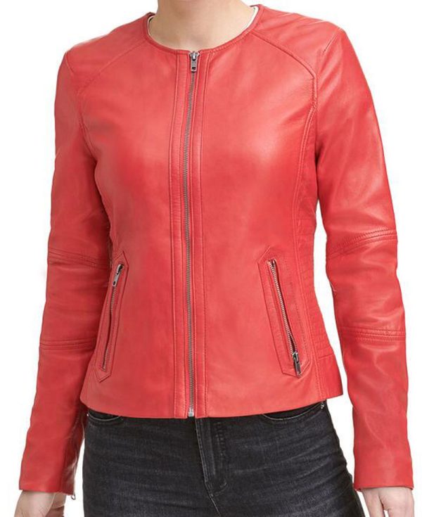 Women's Round Neck Red Leather Jacket
