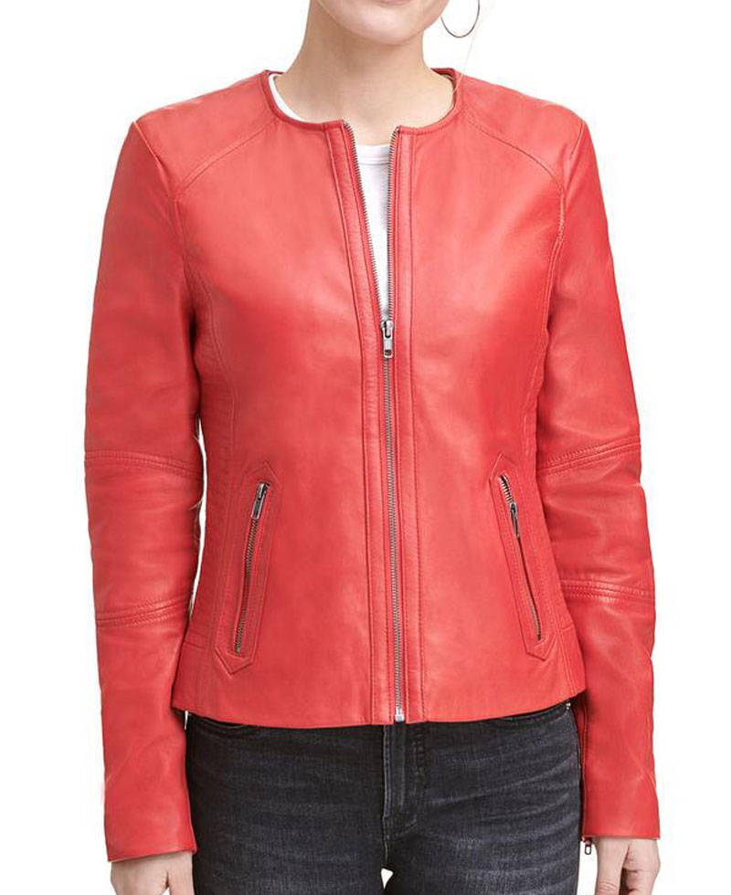 Women's Round Neck Red Leather Jacket Women's Round Neck Red Leather Jacket - Image 2