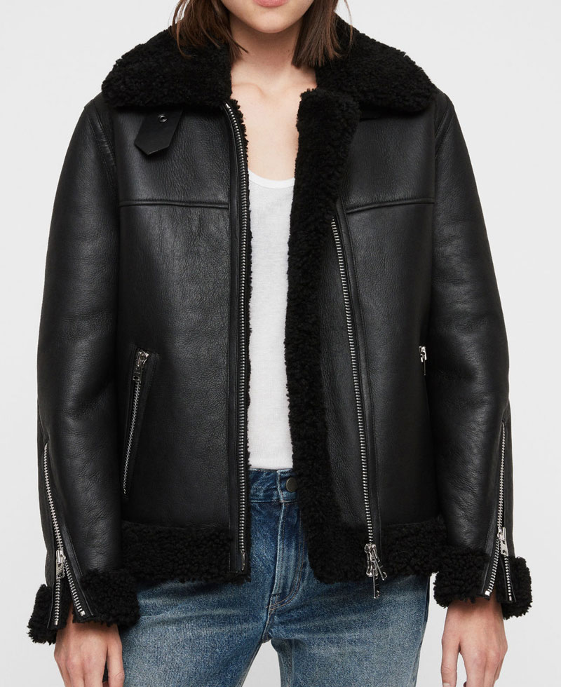 Women's Shearling Bomber Black Leather Jacket Women's Shearling Bomber Black Leather Jacket - Image 2