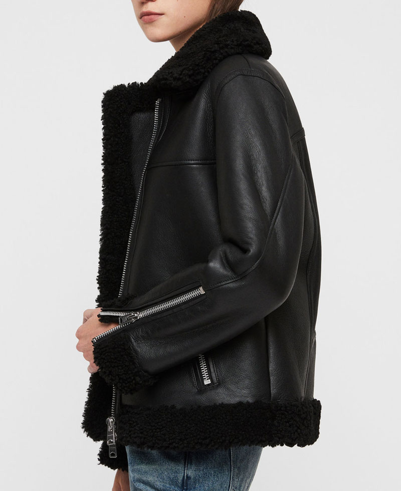Women's Shearling Bomber Black Leather Jacket Women's Shearling Bomber Black Leather Jacket - Image 3