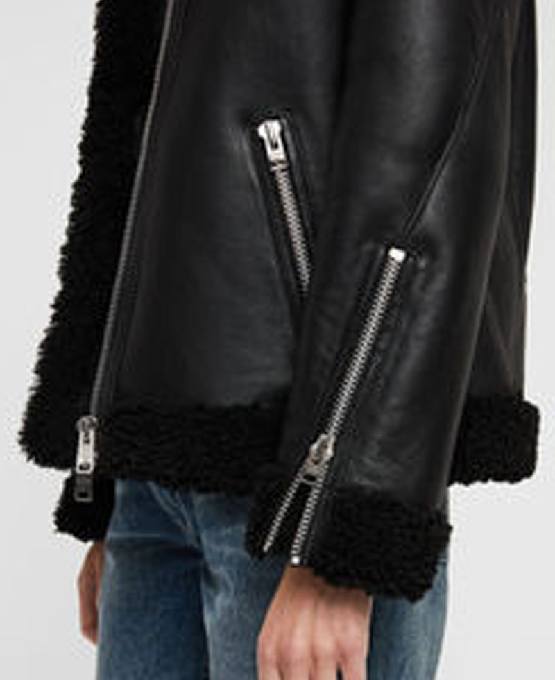 Women's Shearling Bomber Black Leather Jacket Women's Shearling Bomber Black Leather Jacket - Image 4