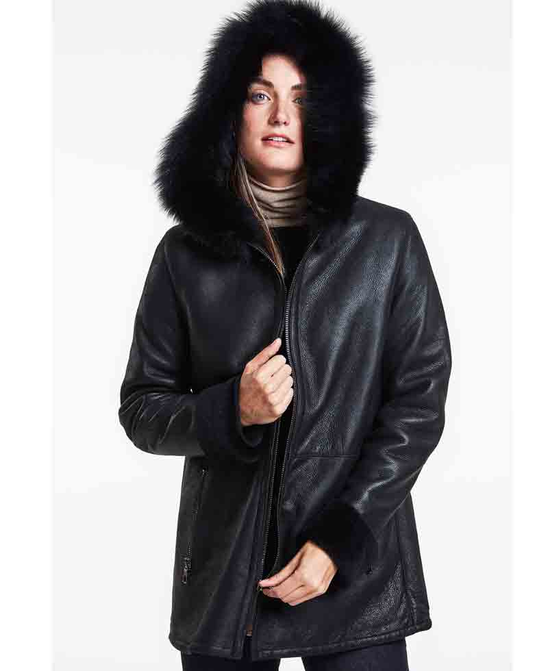 Women's Stylish Shearling Black Leather Jacket With Hoodie Women's Stylish Shearling Black Leather Jacket With Hoodie - Image 2