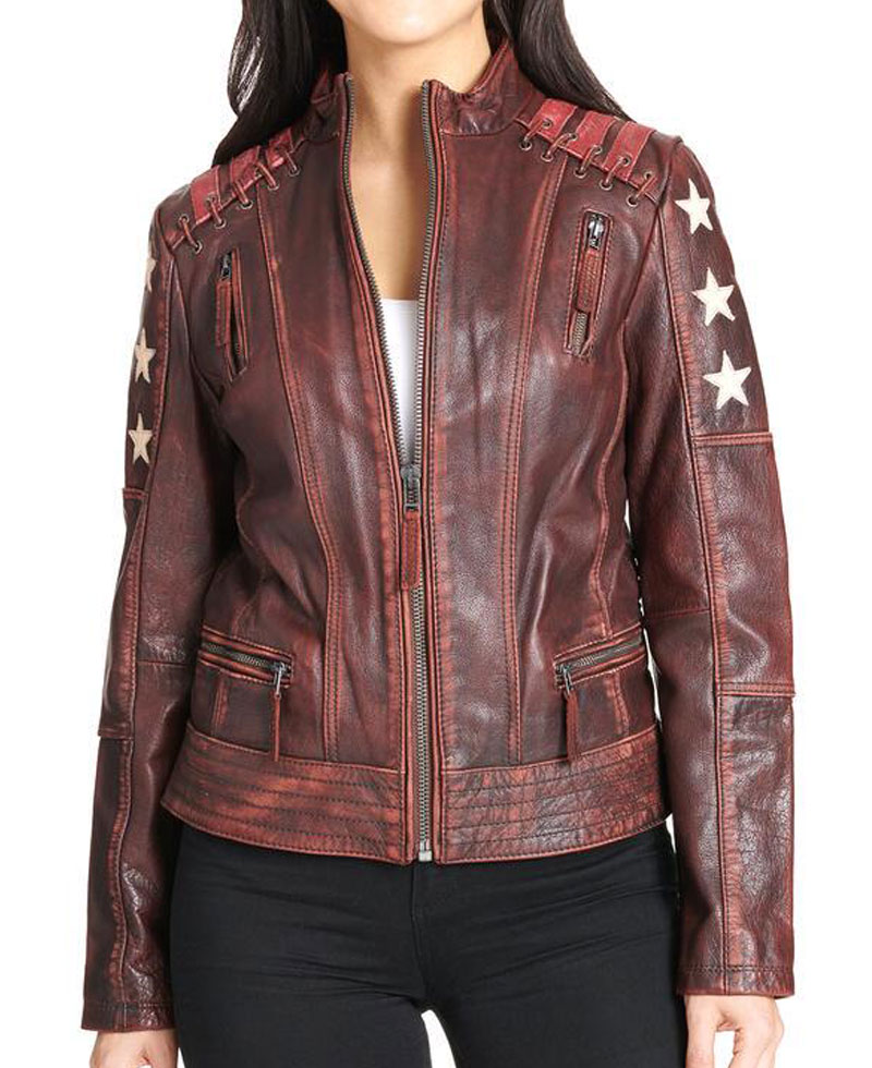 Women's Stars and Stripes Biker Distressed Brown Leather Jacket Women's Stars and Stripes Biker Distressed Brown Leather Jacket - Image 2