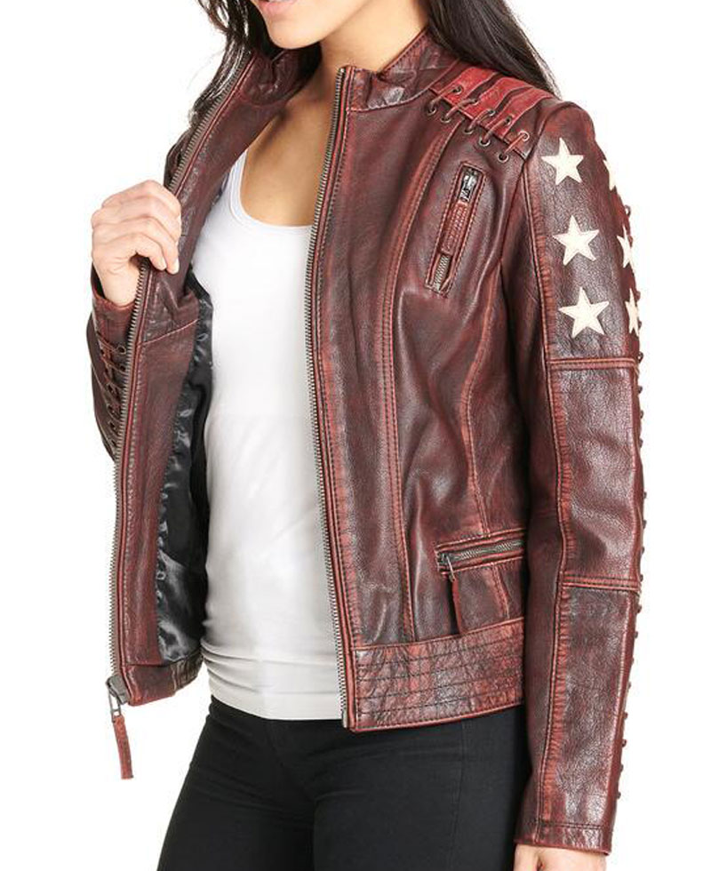 Women's Stars and Stripes Biker Distressed Brown Leather Jacket Women's Stars and Stripes Biker Distressed Brown Leather Jacket - Image 3