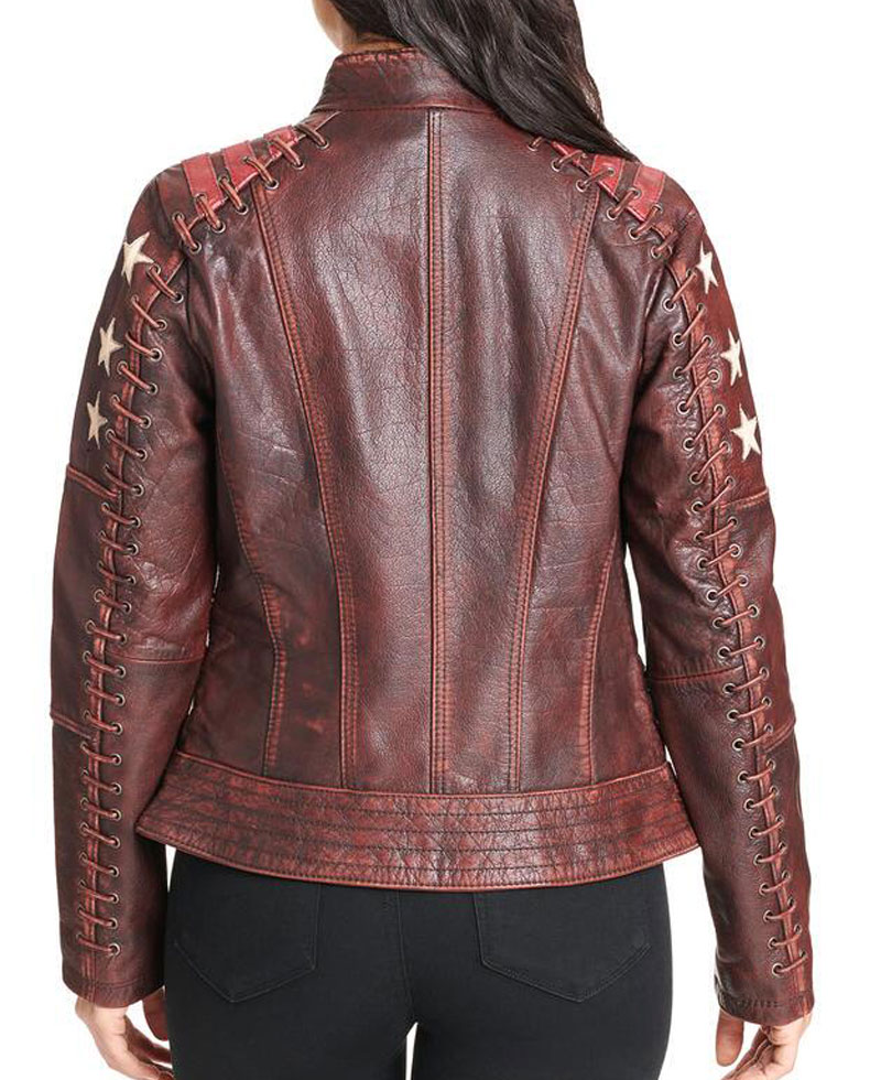 Women's Stars and Stripes Biker Distressed Brown Leather Jacket Women's Stars and Stripes Biker Distressed Brown Leather Jacket - Image 5