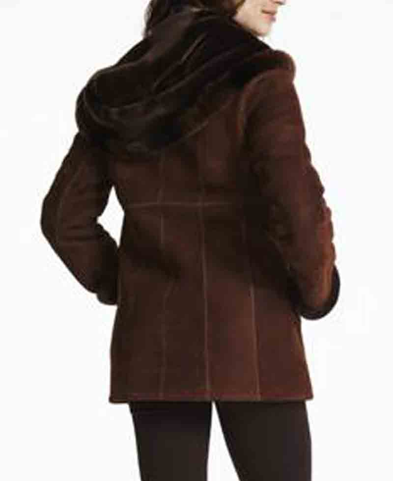 Women's Shearling Brown Suede Leather Jacket with Hoodie Women's Shearling Brown Suede Leather Jacket with Hoodie - Image 4