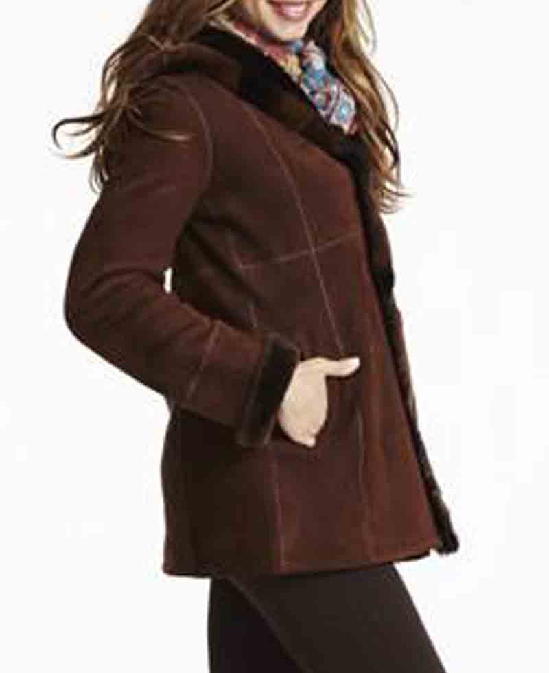 Women's Shearling Brown Suede Leather Jacket with Hoodie Women's Shearling Brown Suede Leather Jacket with Hoodie - Image 2