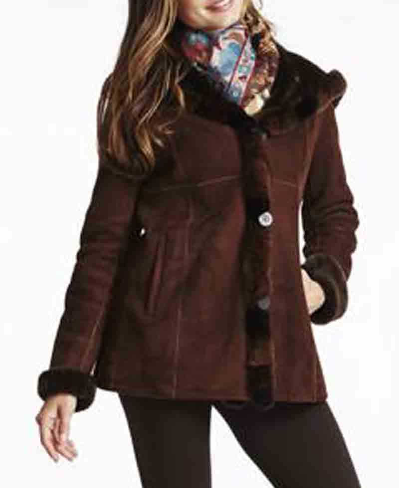 Women's Shearling Brown Suede Leather Jacket with Hoodie