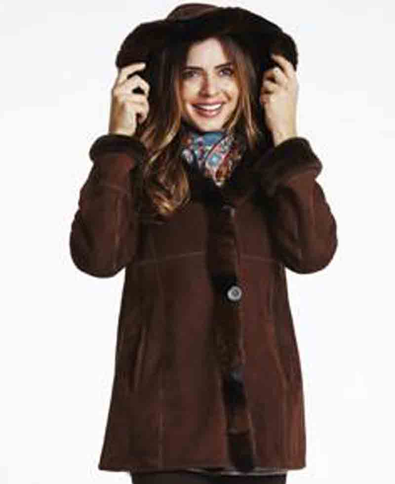 Women's Shearling Brown Suede Leather Jacket with Hoodie Women's Shearling Brown Suede Leather Jacket with Hoodie - Image 3