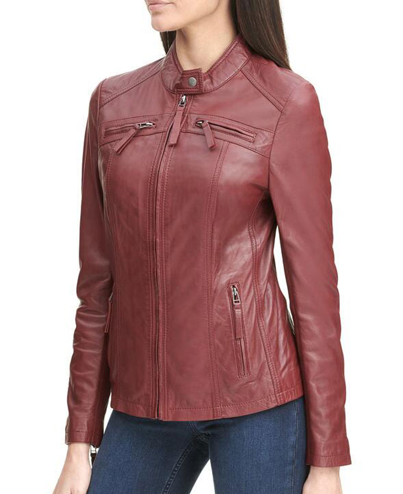 Women's Zipper Pockets Scuba Red Leather Jacket Women's Zipper Pockets Scuba Red Leather Jacket