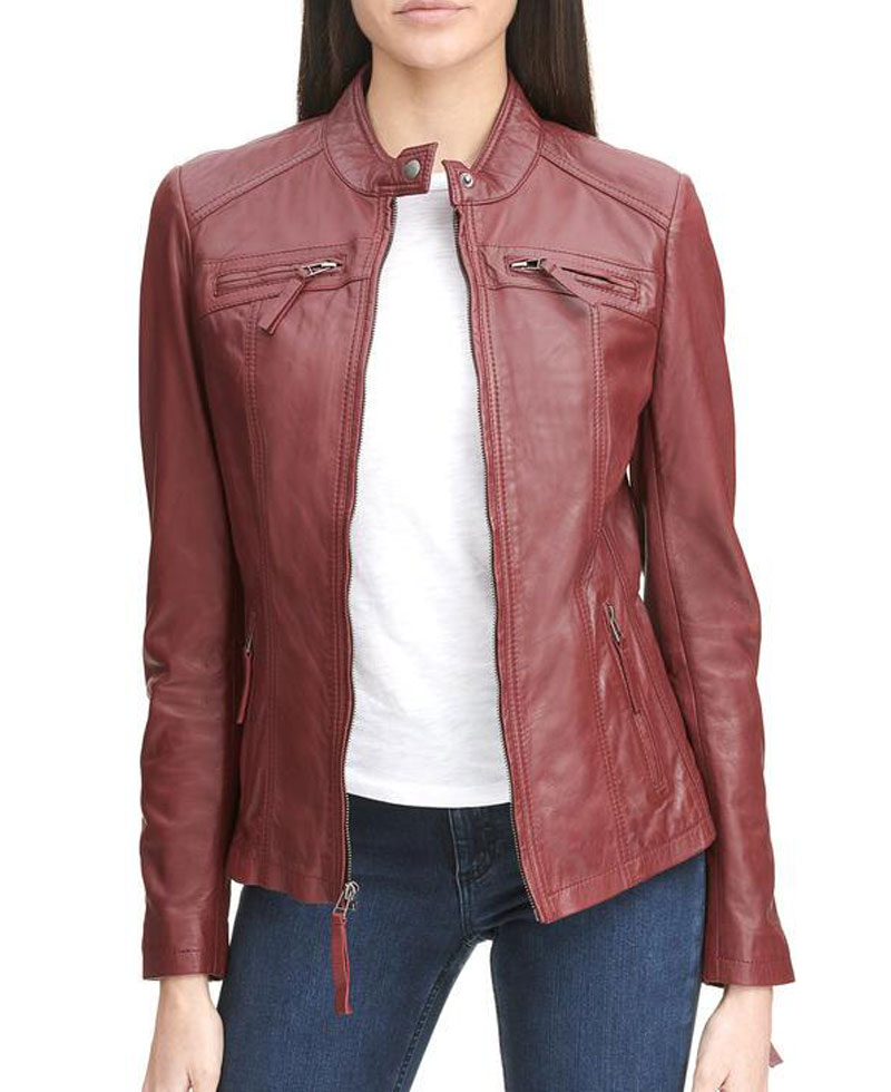 Women's Zipper Pockets Scuba Red Leather Jacket Women's Zipper Pockets Scuba Red Leather Jacket - Image 3