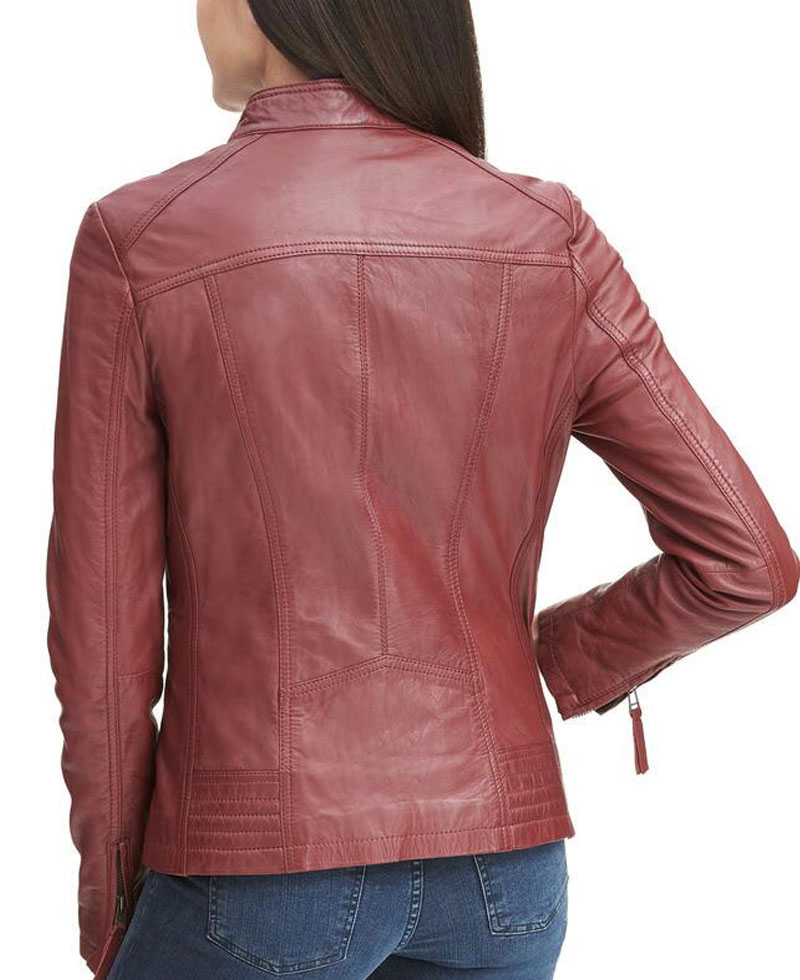 Women's Zipper Pockets Scuba Red Leather Jacket Women's Zipper Pockets Scuba Red Leather Jacket - Image 5