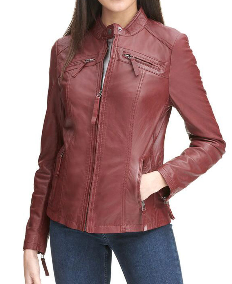 Women's Zipper Pockets Scuba Red Leather Jacket Women's Zipper Pockets Scuba Red Leather Jacket - Image 2