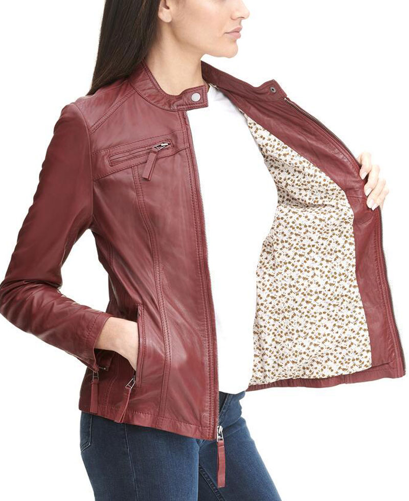 Women's Zipper Pockets Scuba Red Leather Jacket Women's Zipper Pockets Scuba Red Leather Jacket - Image 4