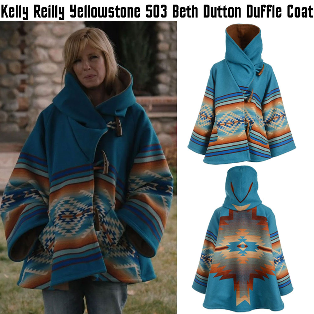 Kelly Reilly Yellowstone Blue Hooded Coat beth dutton poncho