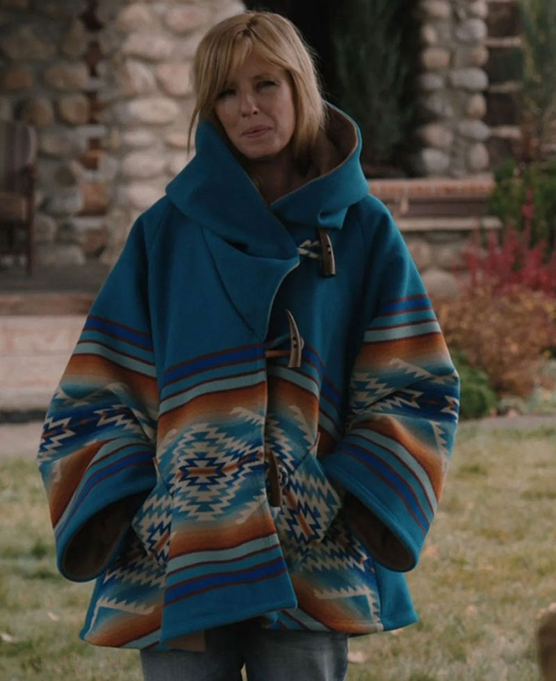 Kelly Reilly Yellowstone Blue Hooded Coat beth dutton blue poncho